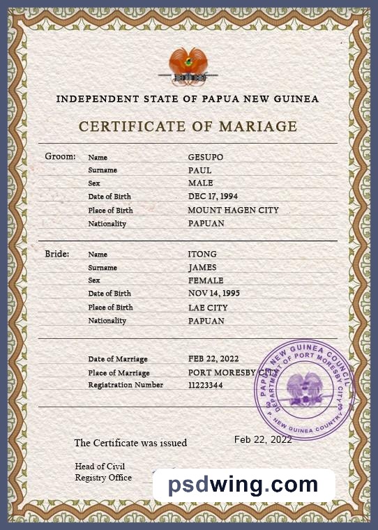 Papua New Guinea Marriage Certificate PSD Template
